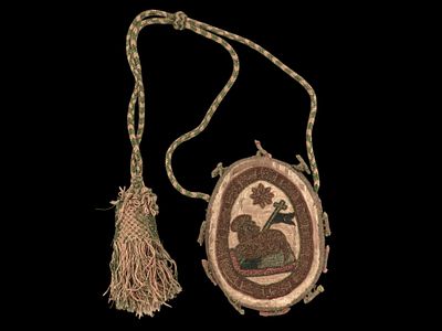 Bag. 17th–18th centuries. A velvety off-white silk pouch with embroidery in coloured silks. On 