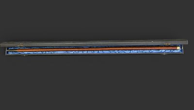 Walking stick with case. Gold knob and eyelets. Walking stick length: 86 cm