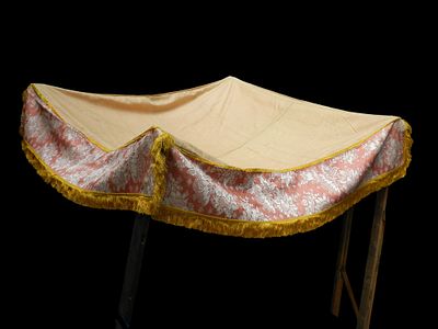 Processional canopy. Spain, c. 1960. A palio made from embroidered silk in shades of salmon and 