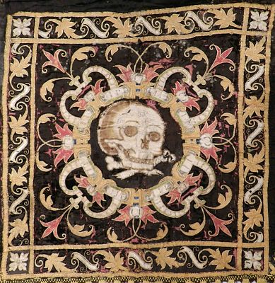 Funeral cloth. Spain, 17th century. A funeral cloth made of black velvet with panels embroidered 