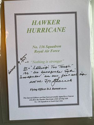 WWII RAF Hawker Hurricane No. 136 Squadron Signed Commemorative Card, Flying Officer D.J. Barnett (RAAF)