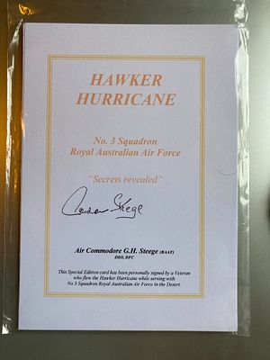 RAAF Hawker Hurricane Commemorative Card Signed by Air Commodore G.H. Steege, DSO, DFC, c. 1990-2010