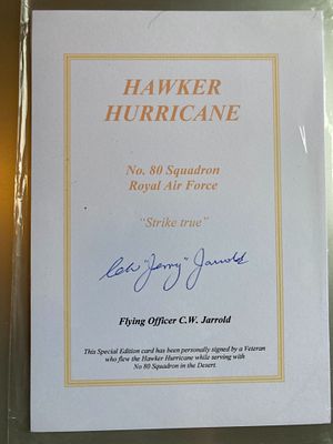 RAF Hawker Hurricane No. 80 Squadron Signed Commemorative Card, Flying Officer C.W. Jarrold, c. 1990s-2000s