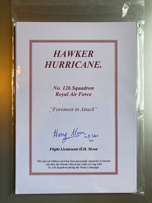 WWII RAF Pilot Autograph, Flight Lieutenant Harry Moon, No. 126 Squadron Malta Campaign Commemorative Card, c. 1990s-2000s