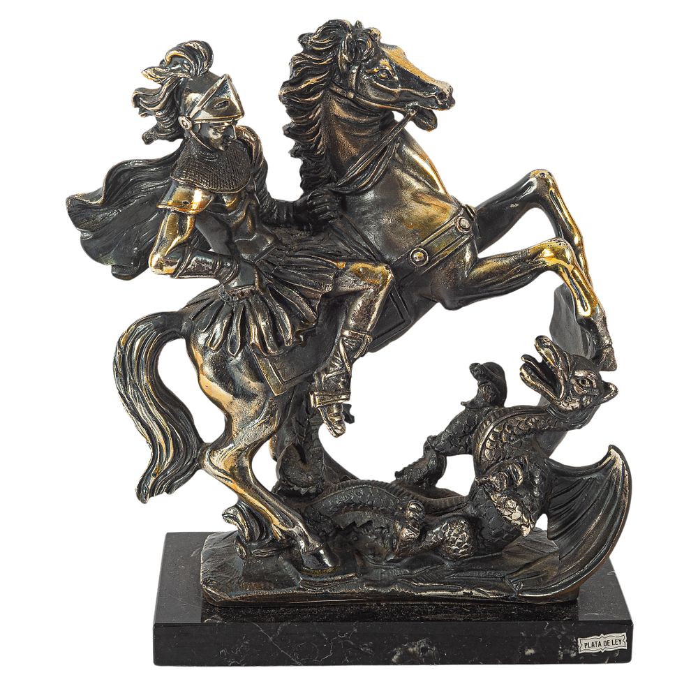 San Jorge matando al drag&oacute;n. Figura en plaqu&eacute; plata sobre base en m&aacute;rmol 