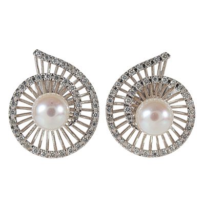 Pendientes en oro blanco con perla cultivada y diamantes. . Pendientes en oro blanco con perla 