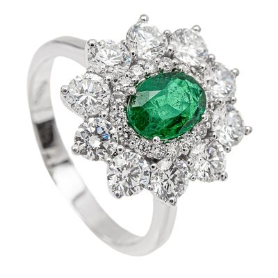 Sortija roset&oacute;n en oro blanco con esmeralda de Colombia y diamantes. Sortija roset&oacute;n en oro 