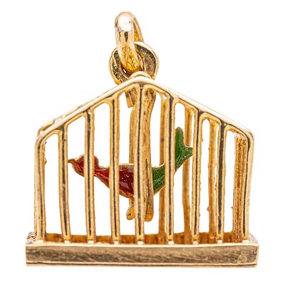 Colgante dise&ntilde;o jaula de p&aacute;jaro en oro y esmalte. 
4,23 gr. 2 x 1,5 cm.