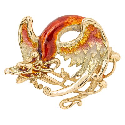 Broche dise&ntilde;o Ave F&eacute;nix en oro y esmalte. 
15,21 gr. 3 x 4,5 cm.