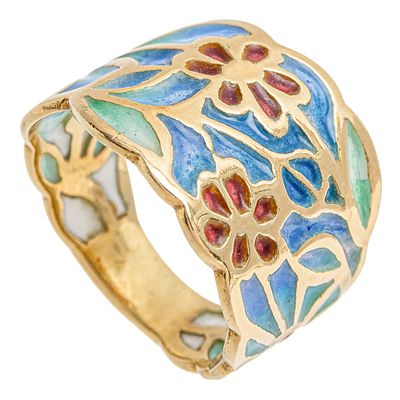 Sortija en oro y esmalte. Sortija con decoraci&oacute;n floral en oro y esmalte. 
6,71 gr. N&ordm; 12.