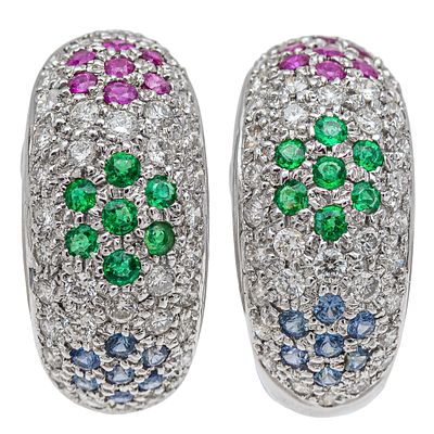 Pendientes media criolla en oro blanco con pav&eacute; de diamantes talla brillante, 0,75 ct aprox. y 
