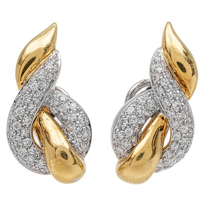 Pendientes en oro bicolor con pav&eacute; de diamantes talla brillante, 1,10 ct aprox. 
13,38 gr.