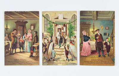 CA. 1866 JEWISH-GERMAN POSTCARDS. Three rare ca. 1866 German postcards depicting the everyday 