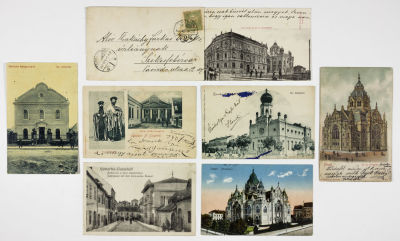SYNAGOGUES IN PRE-WAR HUNGARY. Fine lot of seven rare postcards depicting synagogues in Hungary 