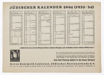 1933 GERMAN JEWISH FUNDRAISING CALENDAR TO PURCHASE HOMES IN PALESTINE. Rare calendar issued by 