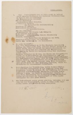 ALLIES AND GERMANS SIGN AN ARMISTICE TO AIR-DROP FOOD TO SAVE STARVING HOLLAND (GERMAN SIGNED 