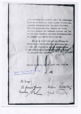 ADOLF HITLER'S POLITICAL TESTAMENT, SIGNED BY THE SECRETARY WHO TYPED IT. ADOLF HITLER'S 
