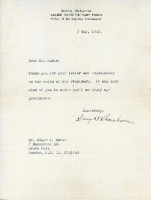 DWIGHT D. EISENHOWER MENTIONS THE DEATH OF F.D.R. IN ONE OF HIS LAST LETTERS FROM THE WAR IN 