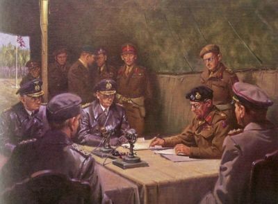 A LARGE COLOR PRINT OF THE GERMAN SURRENDER AT LUNEBURG HEATH, SIGNED BY FIELD MARSHAL BERNARD 