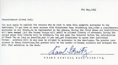 SIGNED TYPESCRIPT OF THE GERMAN INSTRUCTIONS FOR SURRENDER NEGOTIATIONS. SIGNED TYPESCRIPT OF 