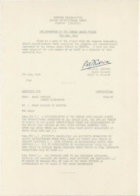 A SIGNED COPY OF POST-SURRENDER ORDERS SENT TO SHAEF MISSION IN BELGIUM GEORGE ERSKINE GCB KBE 