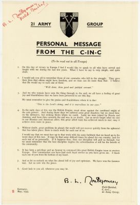 FIELD MARSHAL BERNARD LAW MONTGOMERY SIGNED VICTORY MESSAGE TO THE 21ST ARMY GROUP A wonderful 