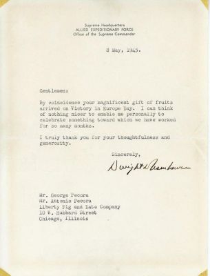 ON V-E DAY, EISENHOWER CELEBRATES WITH A GIFT OF FOOD SENT FROM THE STATES. ON V-E DAY 