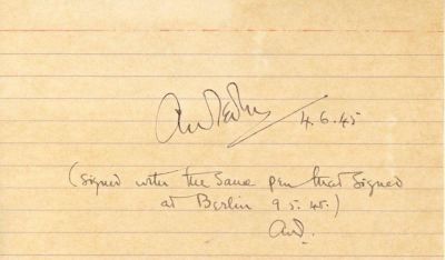 AIR MARSHALL ARTHUR W. TEDDER SIGNATURE MADE WITH THE PEN THAT SIGNED THE GERMAN SURRENDER A 