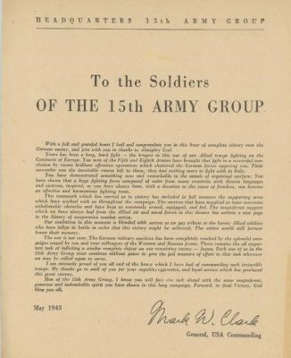 GEN. MARK W. CLARK CONGRATULATIONS TO THE 15TH ARMY GROUP UPON THE SURRENDER OF GERMANY General 