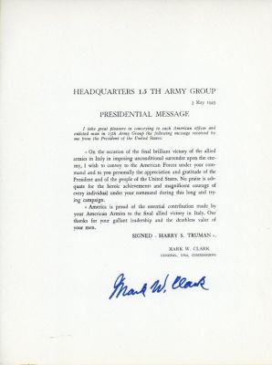 PRESIDENT HARRY TRUMAN’S MESSAGE OF CONGRATULATIONS TO THE 15TH ARMY GROUP, SIGNED BY ITS 