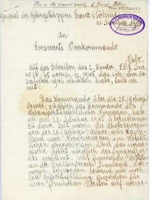 GENERAL FRANZ BOHME’S SIGNED ACCOUNT OF HIS ENTIRE SERVICE IN NORWAY, SUBMITTED WHILE A P.O.W. 