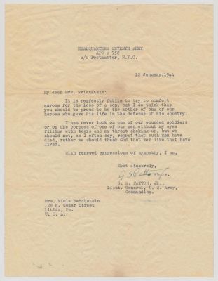 GEORGE S. PATTON GROUPING ON THE DEATH OF A MAN IN HIS COMMAND. ONE OF THE FINEST PATTON LETTERS 