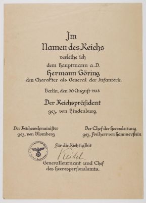 HERMANN GORING IS APPOINTED GENERAL OF INFANTRY A most unusual signed document, the official 