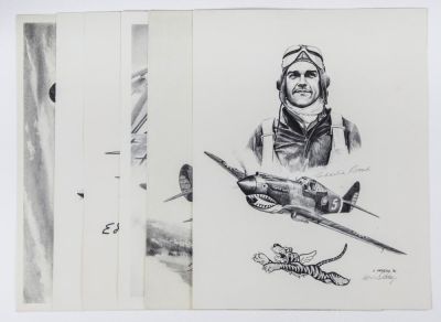 AMERICAN ACES OF WORLD WAR II. Lot of five signed lithographs, each 11 x 14 in., an artist's 