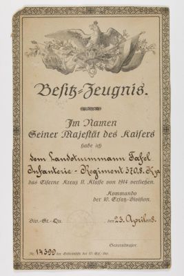 WORLD WAR I IRON CROSS AWARD DOCUMENT. Ornate World-War I award document, 1p. 7 x 12 in., [n.p] 