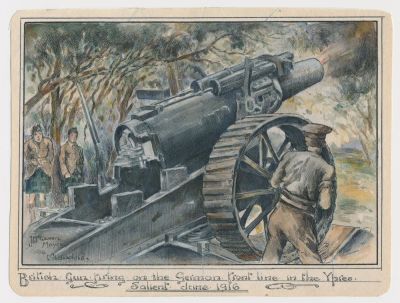 1916 WATERCOLOR PAINTING, BRITISH ARTILLERY IN ACTION 
Excellent original ink and watercolor 