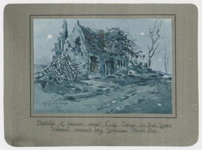 1916 WATERCOLOR PAINTING, SHELLED BELGIAN FARM HOUSE Excellent original ink and watercolor 