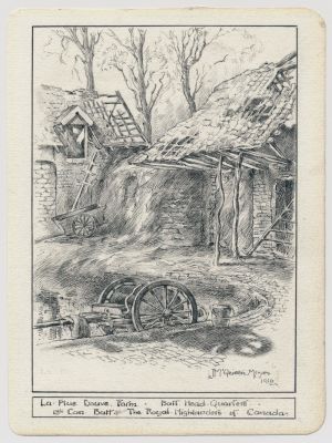 1916 INK DRAWING, 13TH CANADIAN BATTALION HEADQUARTERS 
Excellent original ink battle scene 