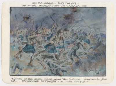 1916 WATERCOLOR PAINTING, 13TH CANADIAN BATTALION IN ACTION 
Excellent original ink and 