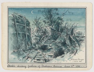 1916 WATERCOLOR PAINTING, 13TH CANADIAN SHELL-STRUCK TRENCH 
Excellent original ink and 