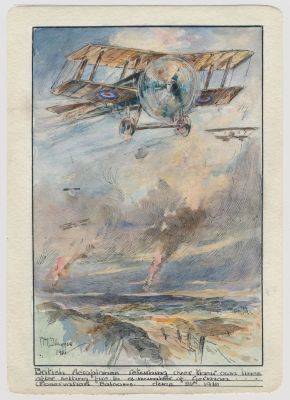 1916 WATERCOLOR PAINTING, ATTACKING GERMAN OBSERVATION BALLOONS 
Excellent original ink and 