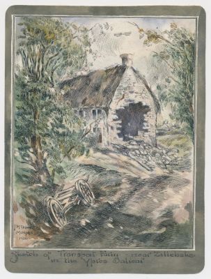 1916 WATERCOLOR PAINTING, DESTROYED FARM HOUSE Excellent original ink and watercolor battle 