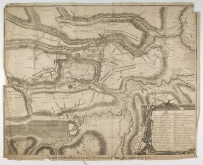 'PLAN OF THE BATTLE OF OUDENARD', OWNED BY GEN. CLARENCE R. HUEBNER. Rare engraved military map: 