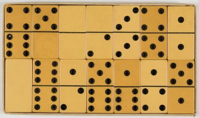 DOMINO SET FROM HITLER'S YACHT 'AVISO GRILLE'. Complete set of 28 dominoes, each approx. 1.75 x 