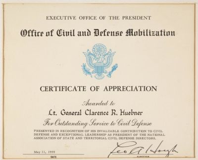 GEN. CLARENCE R. HUEBNER'S 'CIVIL DEFENSE' CERTIFICATE. Partly-printed D.S., 1p. 10 x 8 in. 