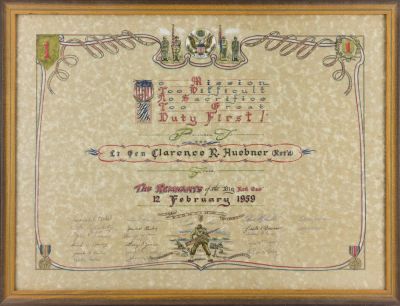 GEN. CLARENCE R. HUEBNER'S 1ST INFANTRY DIVISION PRESENTATION CERTIFICATE AND STATUETTE. FROM 