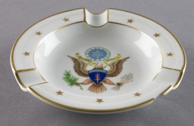 GEN. CLARENCE R. HUEBNER'S GERMAN-MADE S.H.A.E.F. ASHTRAY. Ornate white porcelain ashtray, 5 in. 