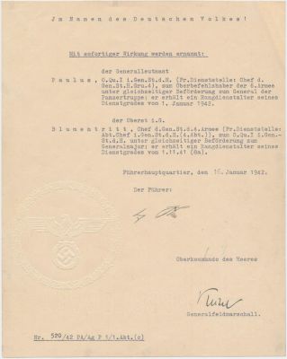 HITLER PROMOTES FRIEDRICH PAULUS AND GUNTHER BLUMENTRITT. ADOLF HITLER (1889 - 1945) Fuhrer of 