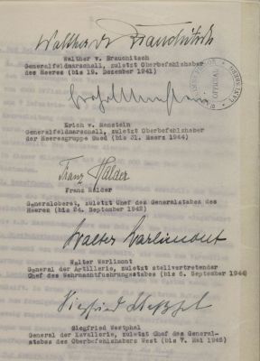 WALTER WARLIMONT'S COPY OF THE 'DECLARATION BY THE FIVE GERMAN GENERALS', PLANNED FOR NUREMBERG. 
