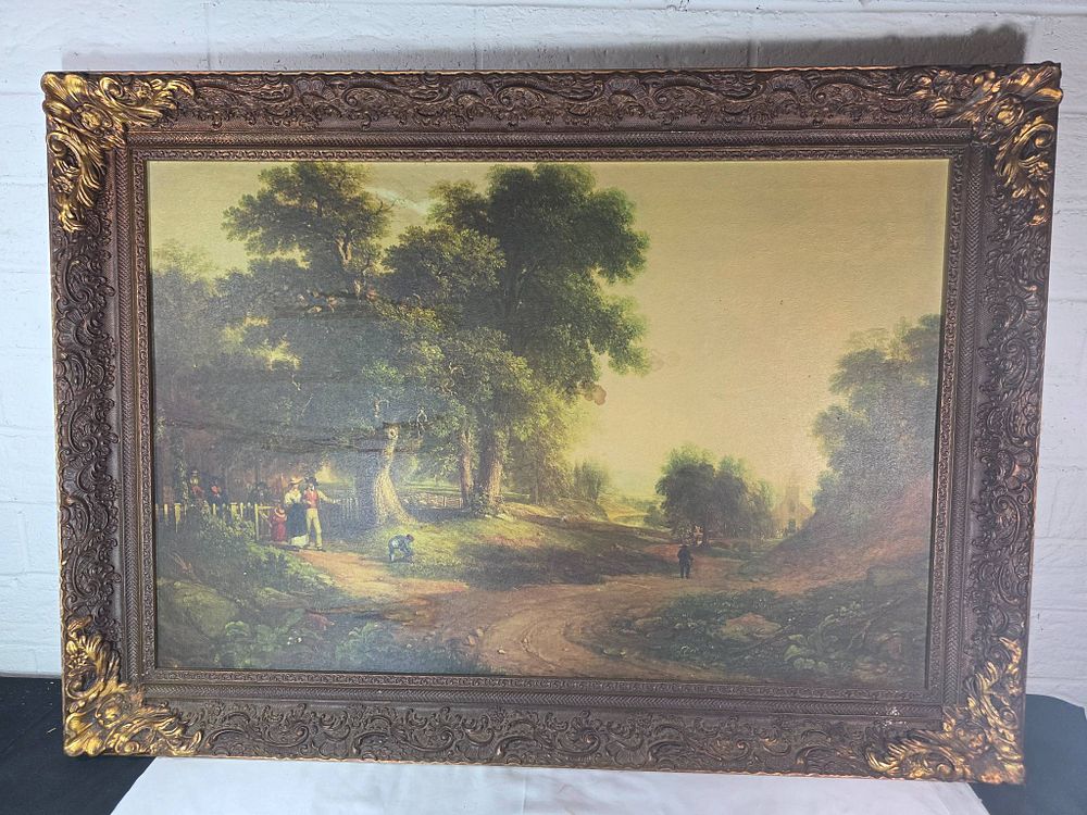 Landscape Artwork in Gold Plated Frame. Framed artwork depicting a pastoral landscape with trees 